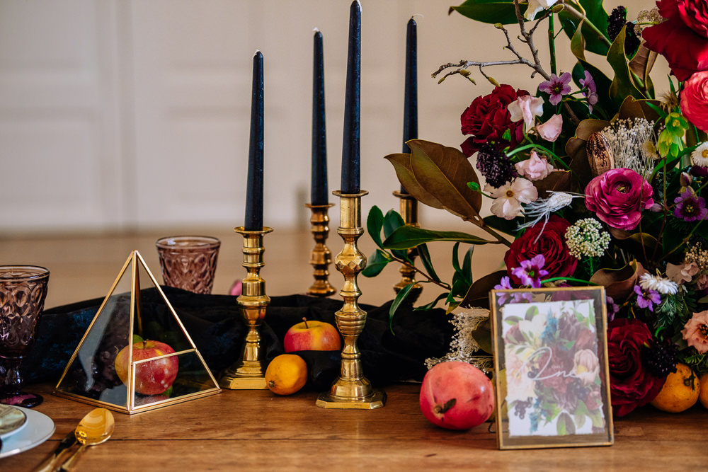 Table Tablescape Decor Decoration Candles Flowers Luxe Gold Terrarium Fruit Dutch Art Wedding Ideas Berni Palumbo Photography