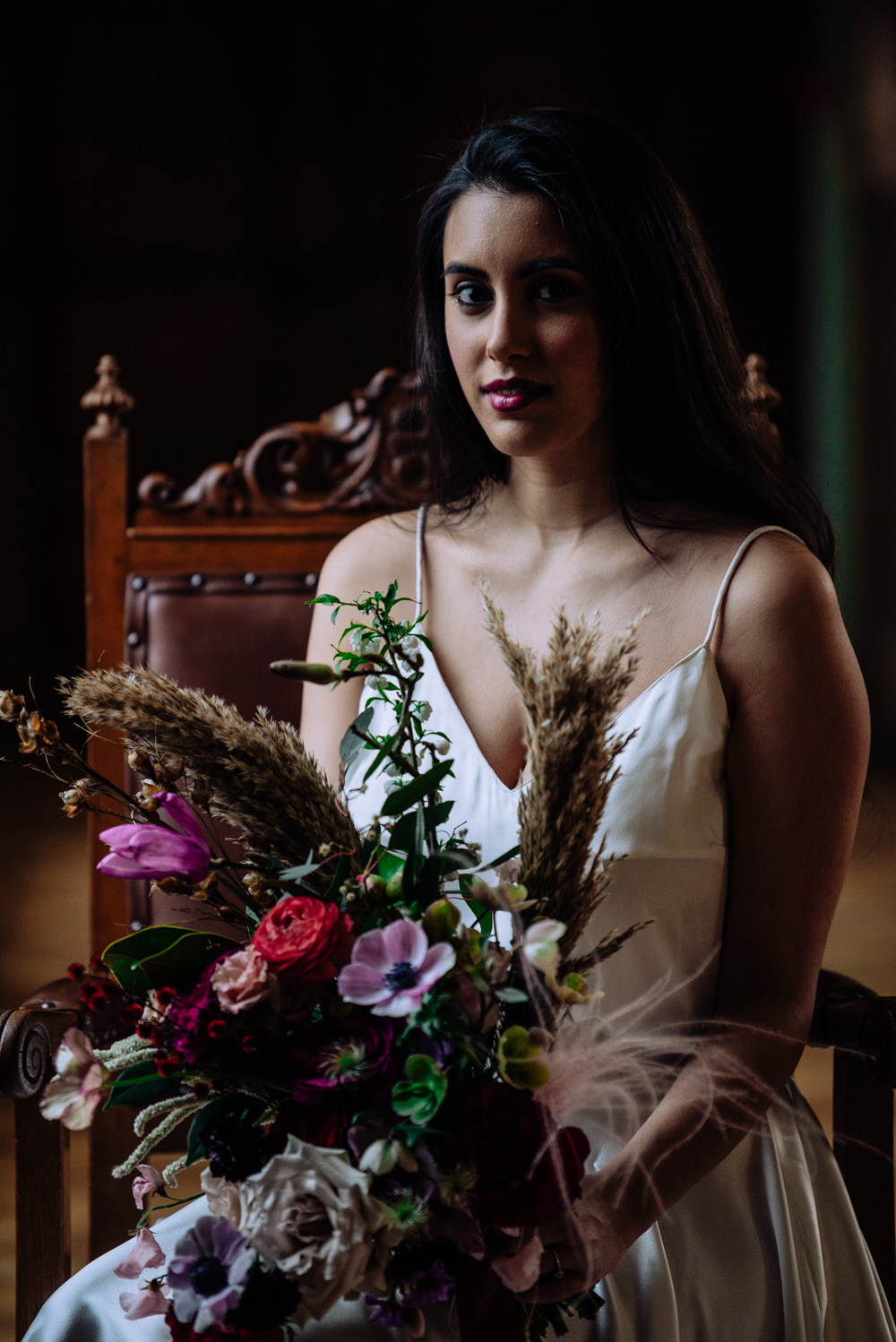Bouquet Flowers Bride Bridal Jewel Tone Pampas Grass Rose Anemone Dutch Art Wedding Ideas Berni Palumbo Photography