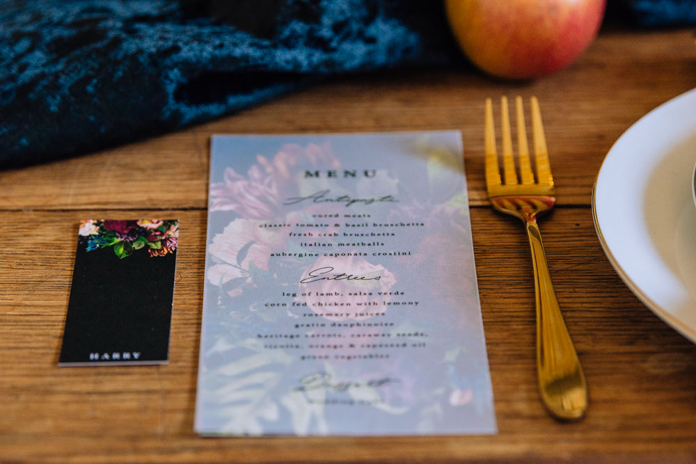 Menu Stationery Place Setting Gold Cutlery Dutch Art Wedding Ideas Berni Palumbo Photography