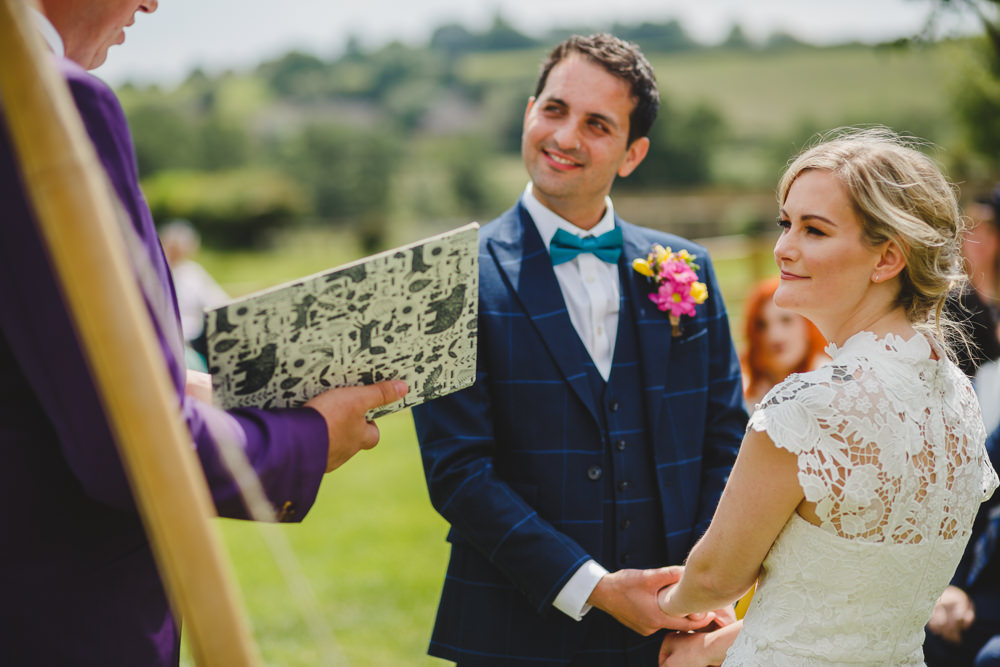 Bride Bridal High Neck Cap Sleeve Lace Fitted Dress Gown Bow Tie Waistcoat Groom East Keswick Village Hall Wedding James & Lianne Wedding Photography