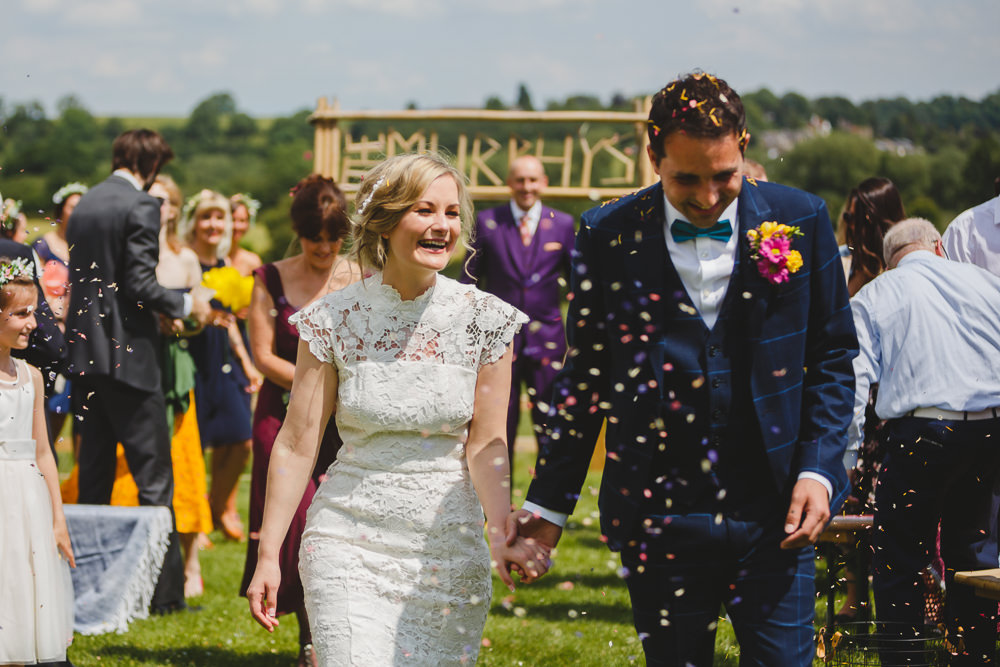 Bride Bridal High Neck Cap Sleeve Lace Fitted Dress Gown Bow Tie Waistcoat Groom Confetti East Keswick Village Hall Wedding James & Lianne Wedding Photography