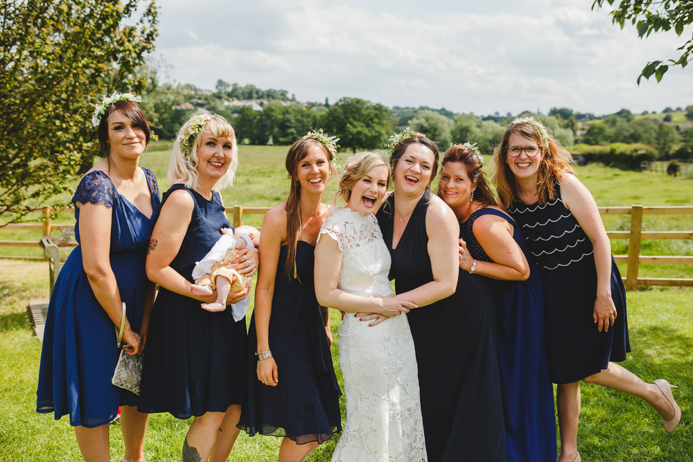 Bride Bridal High Neck Cap Sleeve Lace Fitted Dress Gown Mismatched Navy Bridesmaids East Keswick Village Hall Wedding James & Lianne Wedding Photography