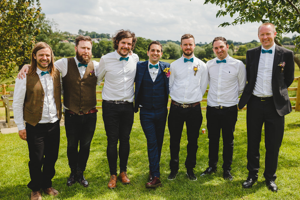 Bow Tie Groomsmen Mismatched Black Jeans Waistcoat East Keswick Village Hall Wedding James & Lianne Wedding Photography