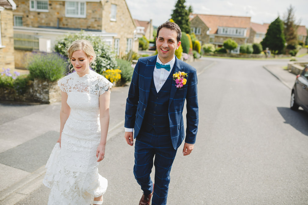 Bride Bridal High Neck Cap Sleeve Lace Fitted Dress Gown Bow Tie Waistcoat Groom East Keswick Village Hall Wedding James & Lianne Wedding Photography