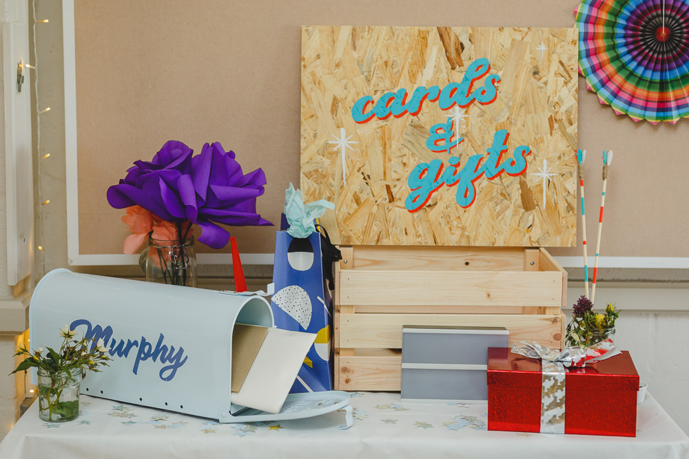 Mailbox Wes Anderson Cards Gifts Table Multicoloured East Keswick Village Hall Wedding James & Lianne Wedding Photography