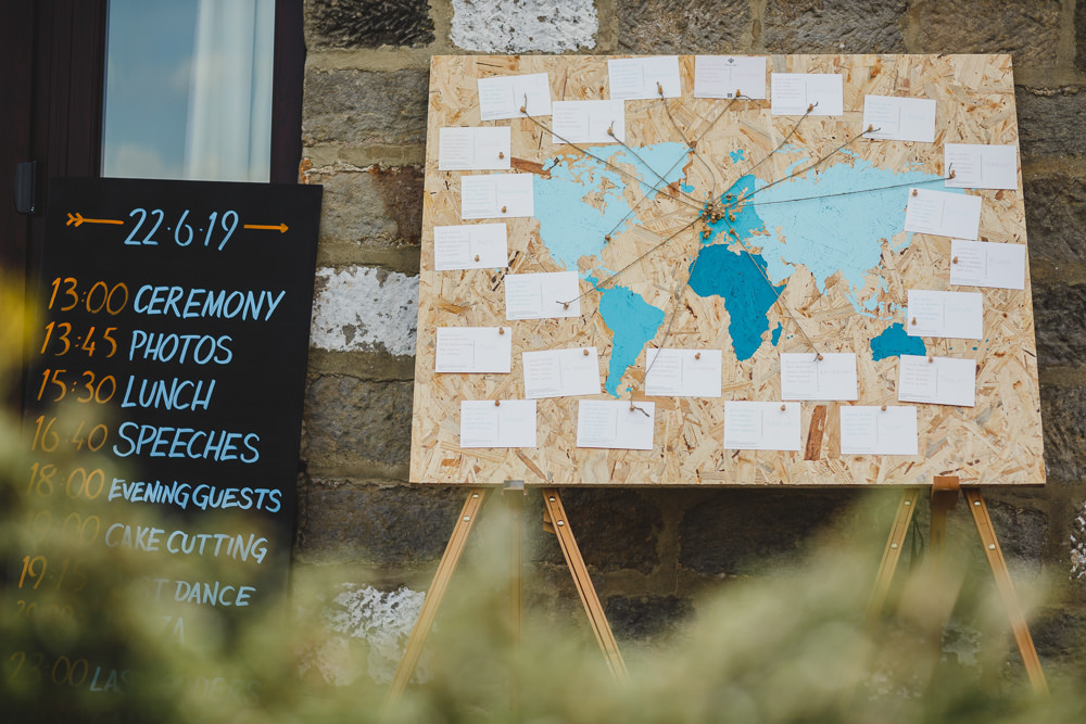 World Map Table Plan Order of the Day East Keswick Village Hall Wedding James & Lianne Wedding Photography