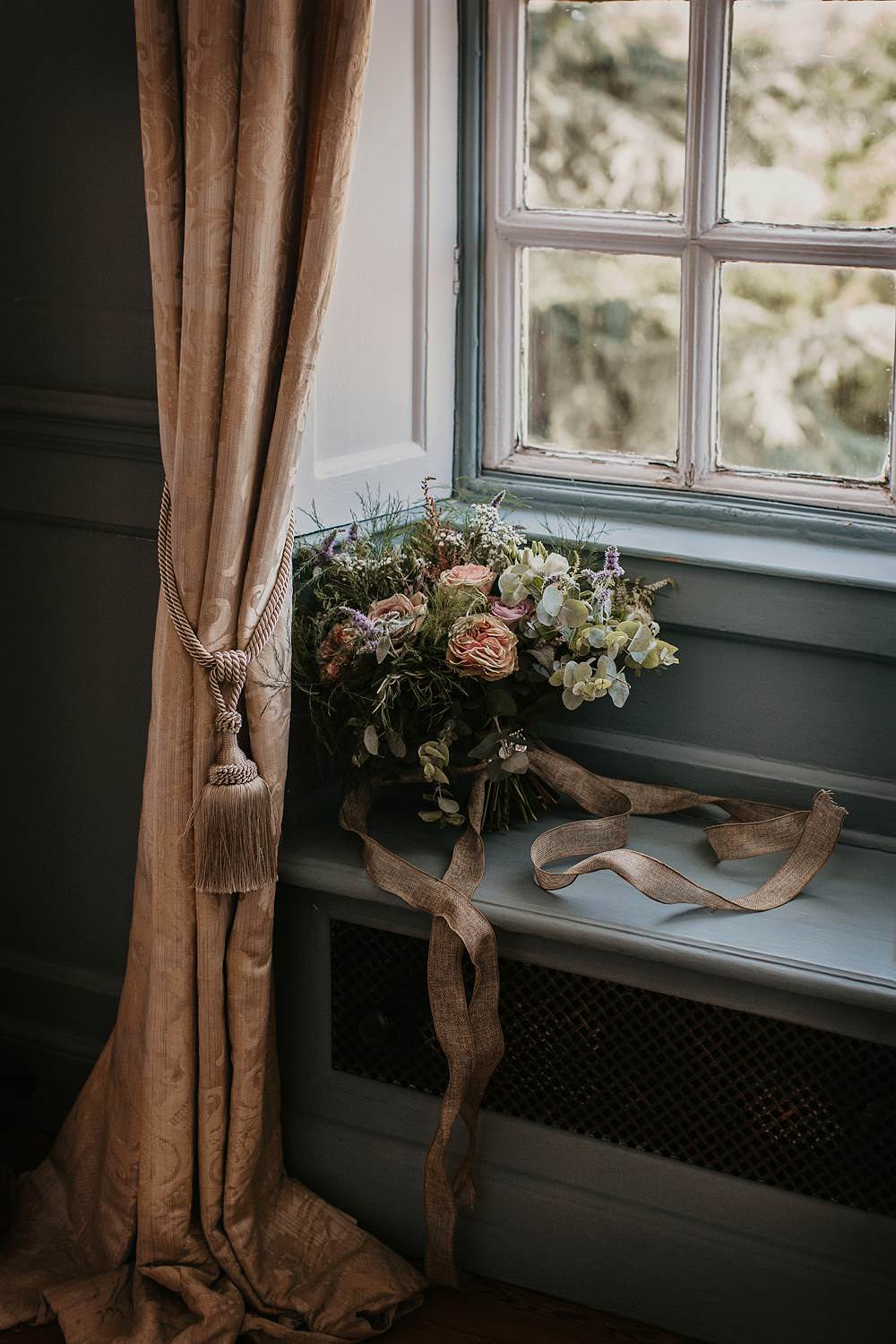 Bouquet Flowers Bride Bridal Greenery Foliage Ribbon Rose Dusky Pink Eucalyptus Eggington House Wedding October Willis Photography