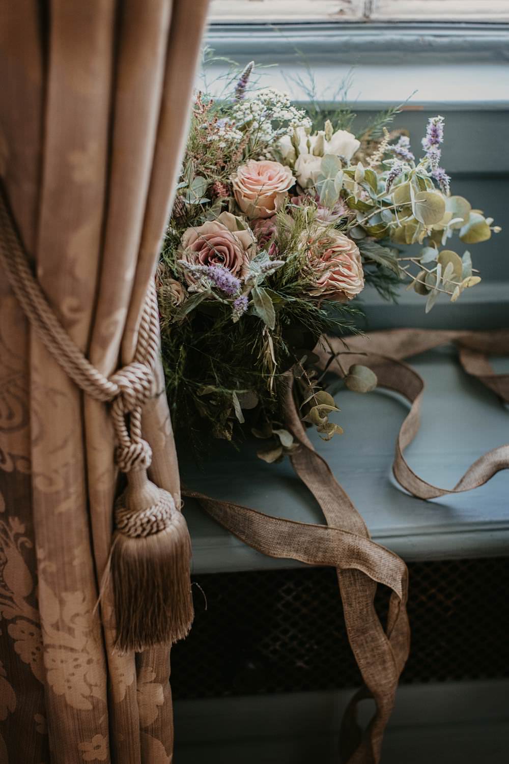 Bouquet Flowers Bride Bridal Greenery Foliage Ribbon Rose Dusky Pink Eucalyptus Eggington House Wedding October Willis Photography