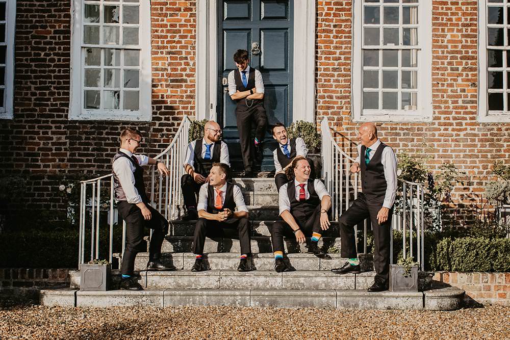 Groom Groomsmen Suits Waistcoats Ties Colourful Eggington House Wedding October Willis Photography