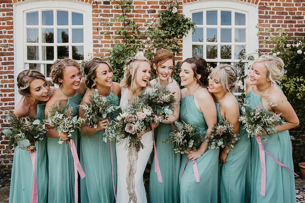 Bridesmaids Bridesmaid Dress Dresses Sage Green Bouquets Greenery Foliage Ribbons Eggington House Wedding October Willis Photography