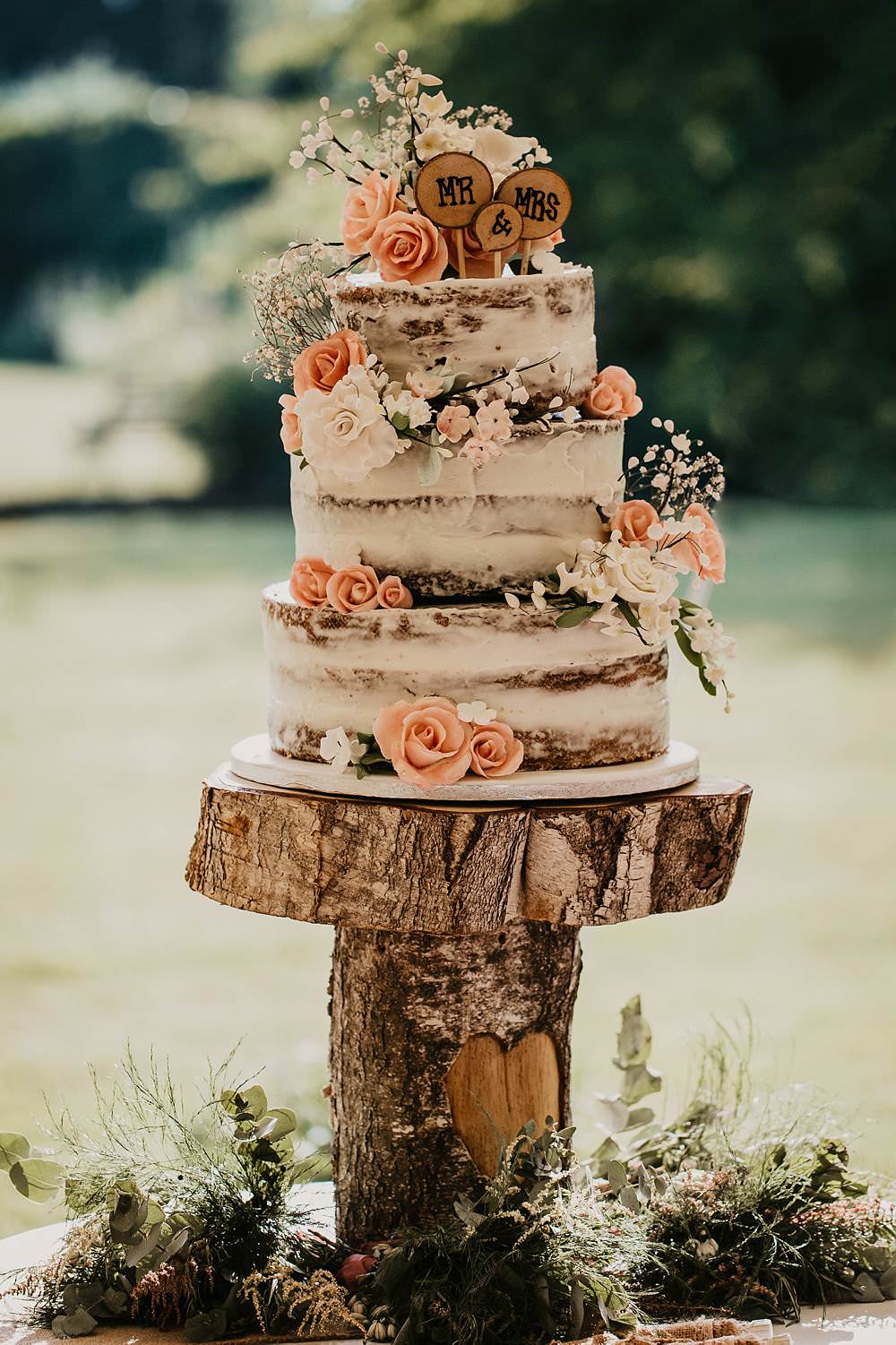 Semi Naked Cake Flowers Rustic Wooden Log Stand Eggington House Wedding October Willis Photography