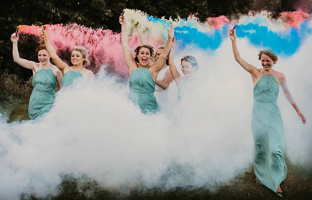 Smoke Bombs Photo Photographs Bridesmaids Bridesmaid Dress Dresses Sage Green Bouquets Greenery Foliage Eggington House Wedding October Willis Photography