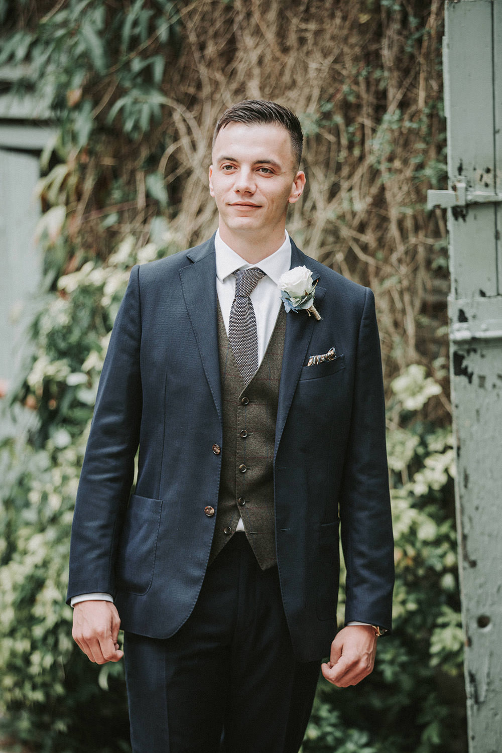 Groom Suit Navy Blue Waistcoat Green Knitted Tie Groomsmen Ever After Wedding Younger Photography