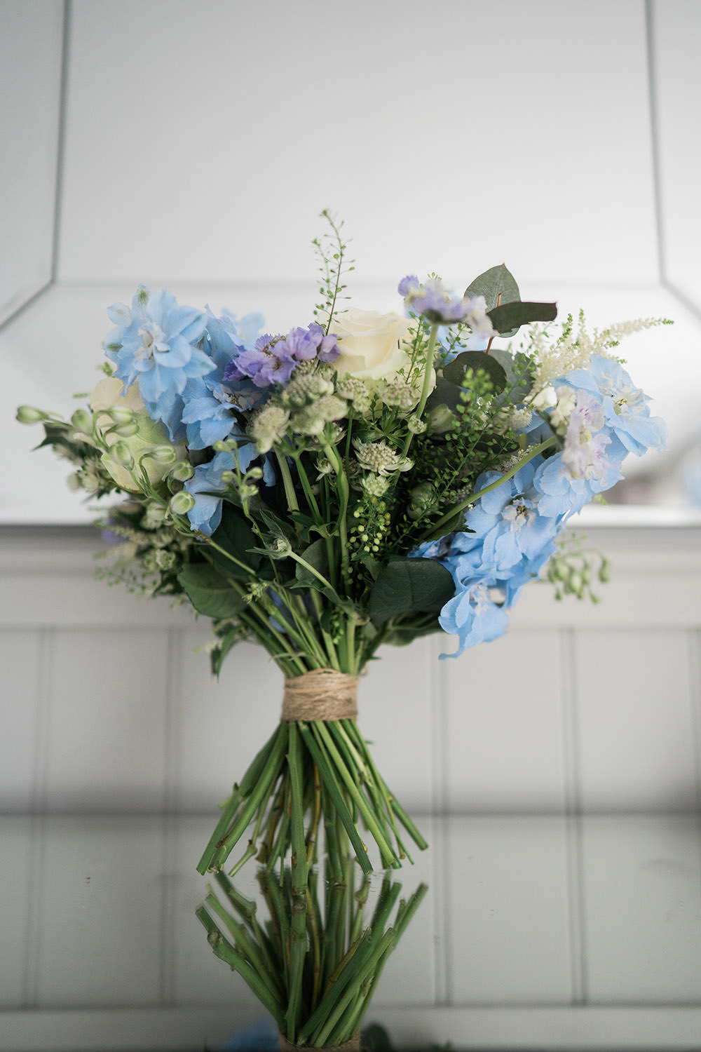 Bouquet Flowers Bride Bridal Blue Astilbe Delphiniums Roses Scabious Thaspi Eucalyptus Ever After Wedding Younger Photography