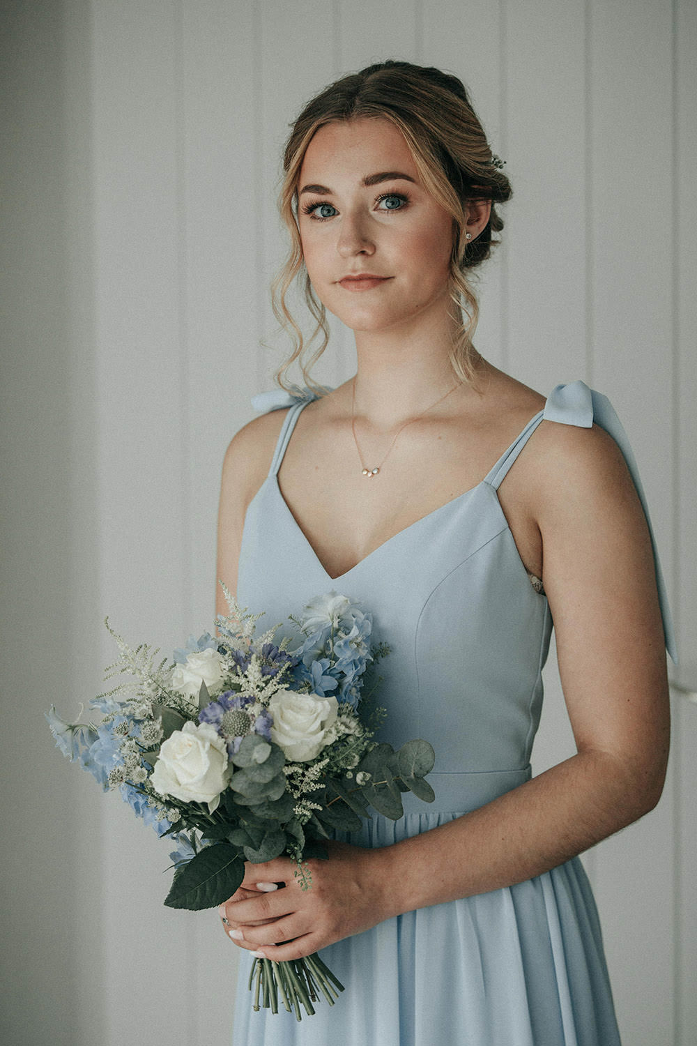 Bouquet Flowers Bride Bridal Blue Astilbe Delphiniums Roses Scabious Thaspi Eucalyptus Bridesmaid Bridesmaids Dress Dresses Ever After Wedding Younger Photography