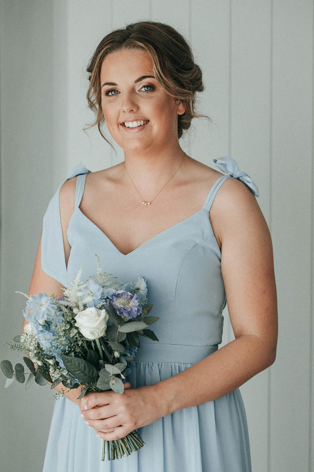 Bouquet Flowers Bride Bridal Blue Astilbe Delphiniums Roses Scabious Thaspi Eucalyptus Bridesmaid Bridesmaids Dress Dresses Ever After Wedding Younger Photography