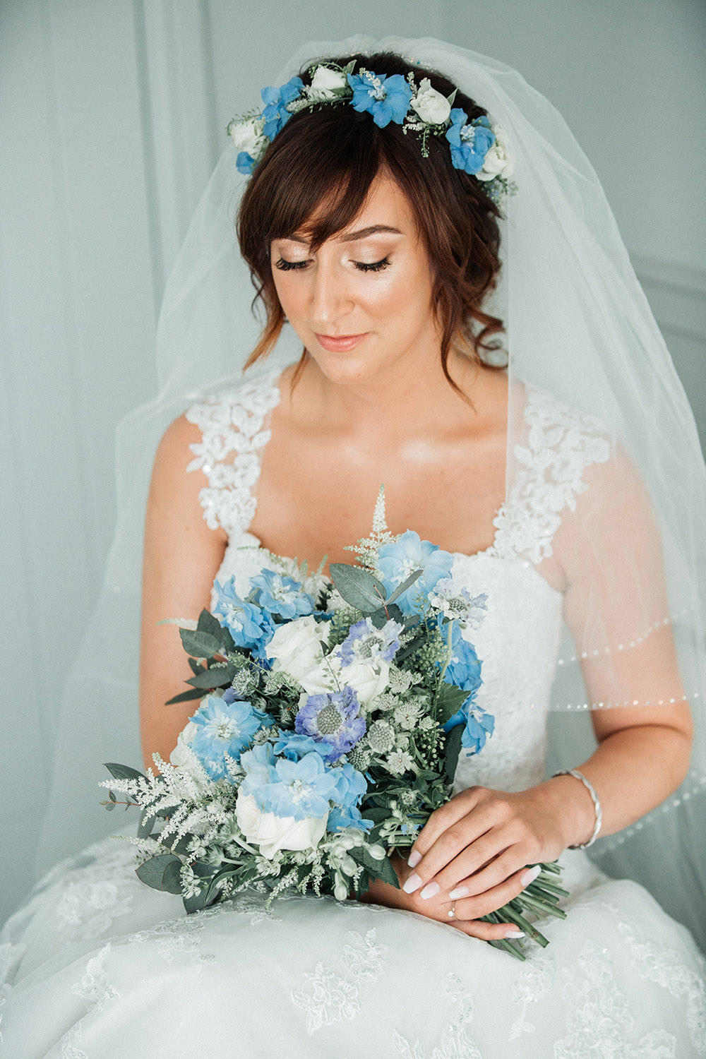 Make Up Flower Crown Bouquet Flowers Bride Bridal Blue Astilbe Delphiniums Roses Scabious Thaspi Eucalyptus Ever After Wedding Younger Photography