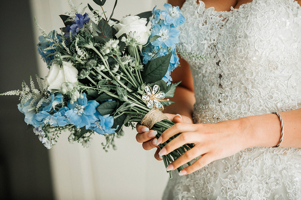 Bouquet Flowers Bride Bridal Blue Astilbe Delphiniums Roses Scabious Thaspi Eucalyptus Ever After Wedding Younger Photography