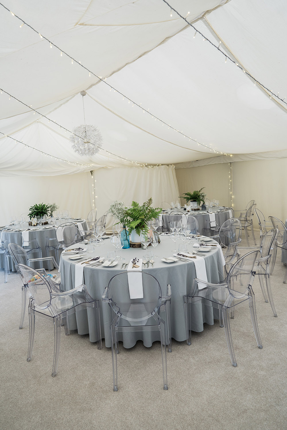 Marquee Fairy Lights Grey Table Cloths Ghost Chairs Perspex Ever After Wedding Younger Photography