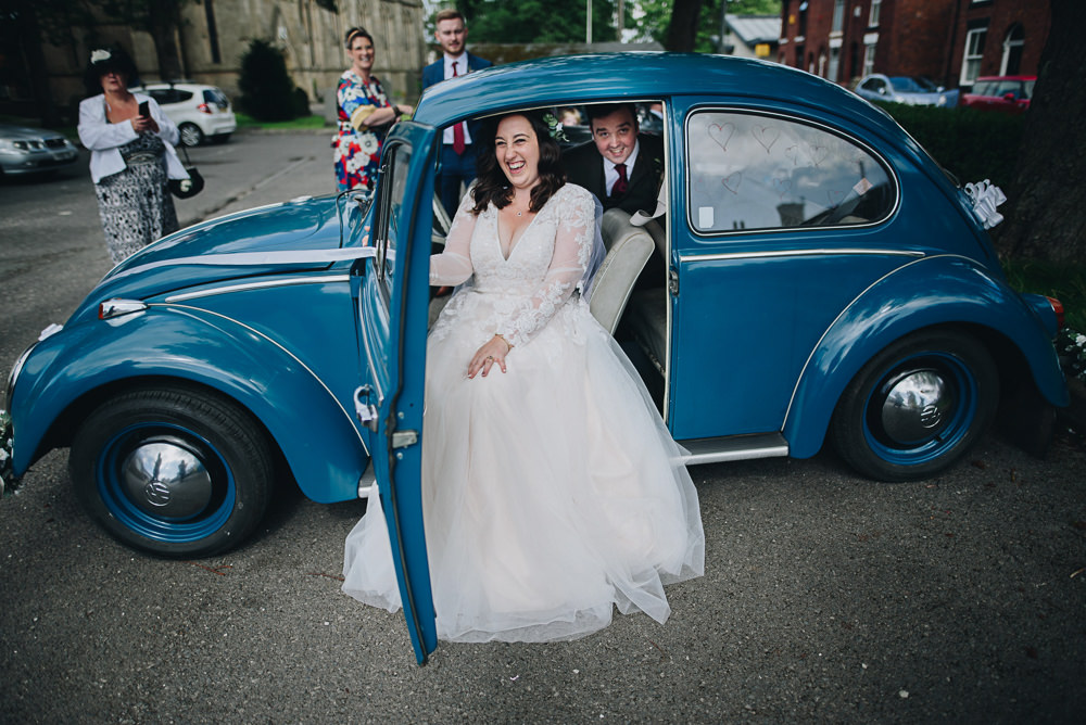 Bride Bridal V Neck Lace Tule A Line Skirt Long Sleeve Greenery Flower Crown Tweed Suit Groom VW Beetle Fairfield Social Club Wedding The Pin Up Bride