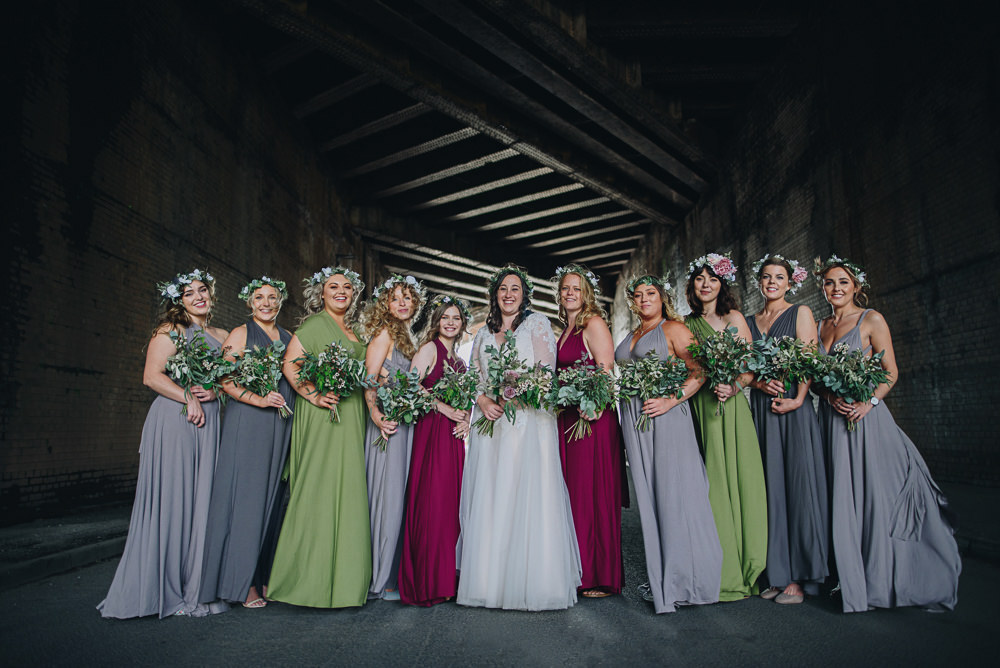 Bride Bridal V Neck Lace Tule A Line Skirt Long Sleeve Greenery Flower Crown Multiway Bridesmaids Mismatched Fairfield Social Club Wedding The Pin Up Bride