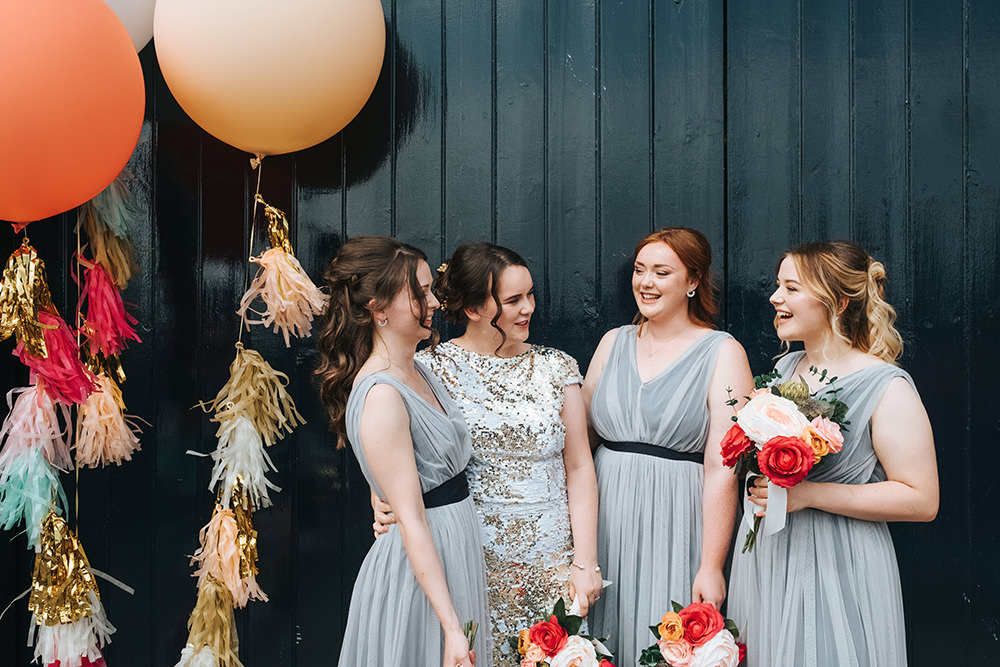 Bridesmaids Bridesmaid Dress Dresses Grey Tassel Balloons Giant Helium Fun London Wedding Miss Gen Photography