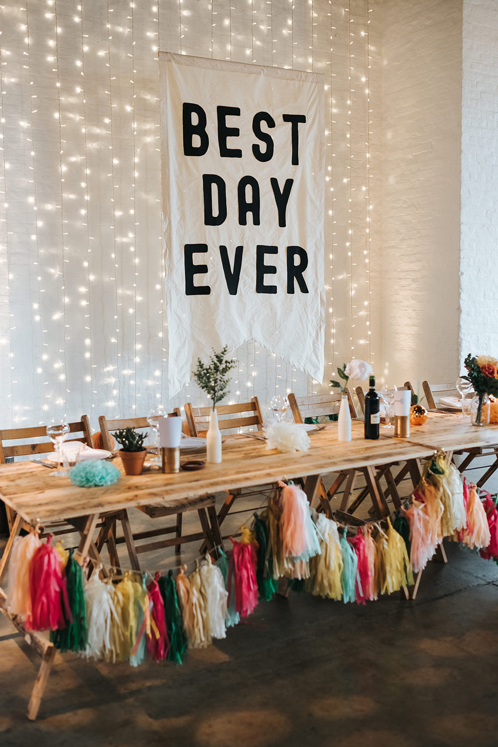 Tassel Garland Top Table Warehouse Venue Decor Decoration Festoon Lights Sign Banner Backdrop Fairy Light Curtain Trestle Tables Fun London Wedding Miss Gen Photography