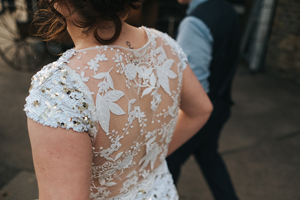 Dress Gown Bride Bridal Sequin Gold Lace Back Fun London Wedding Miss Gen Photography