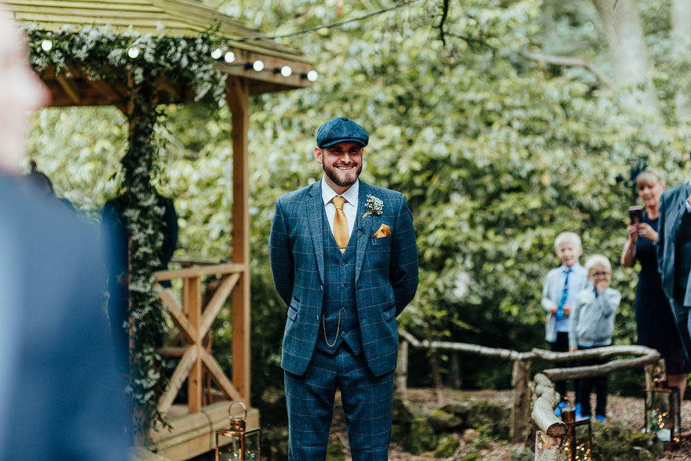 Groom Groomsmen Blue Suits Waistcoats Hat Flat Cap Hazlewood Castle Woodland Wedding Nicola Mackrill Photography