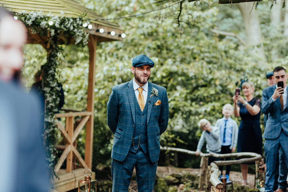 Groom Groomsmen Blue Suits Waistcoats Hat Flat Cap Hazlewood Castle Woodland Wedding Nicola Mackrill Photography