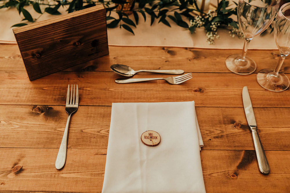 Log Slice Place Name Card Place Setting Hazlewood Castle Woodland Wedding Nicola Mackrill Photography