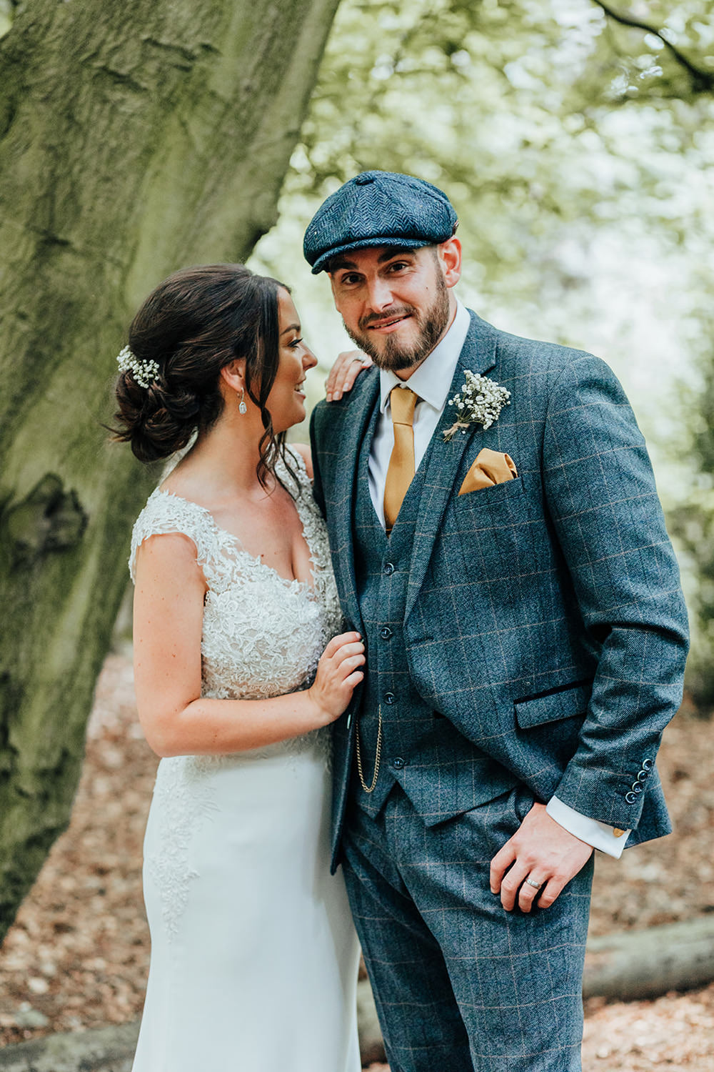 Groom Groomsmen Blue Suits Waistcoats Hat Flat Cap Hazlewood Castle Woodland Wedding Nicola Mackrill Photography