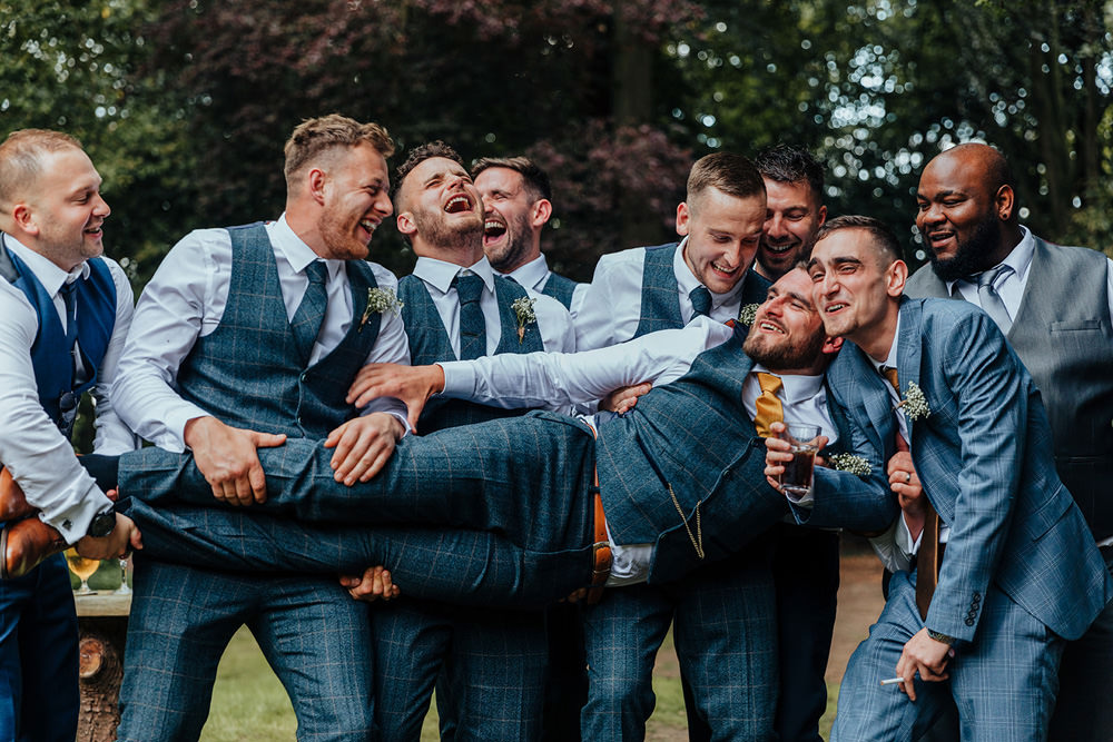 Groom Groomsmen Blue Suits Waistcoats Hazlewood Castle Woodland Wedding Nicola Mackrill Photography