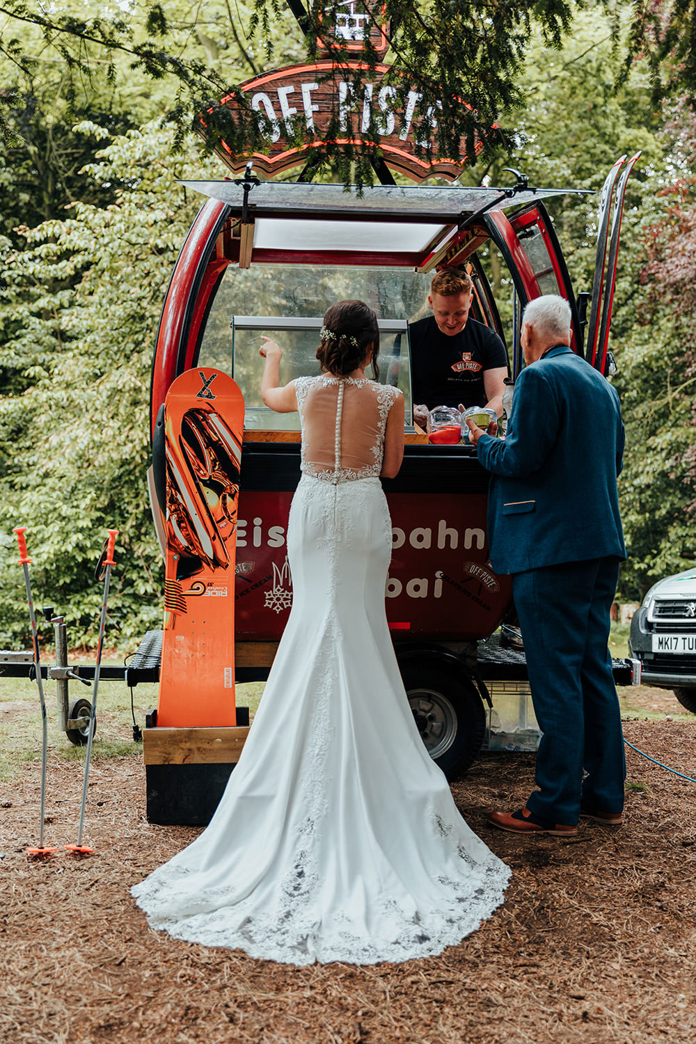 Ice Cream Cart Van Bride Bridal Dress Gown Wed2B Train Straps Hazlewood Castle Woodland Wedding Nicola Mackrill Photography