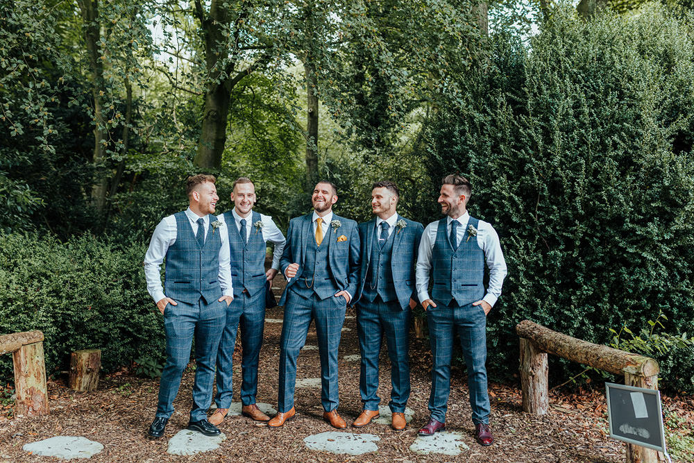 Groom Groomsmen Blue Suits Waistcoats Hazlewood Castle Woodland Wedding Nicola Mackrill Photography