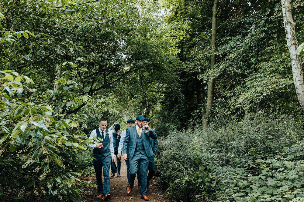 Groom Groomsmen Blue Suits Waistcoats Hazlewood Castle Woodland Wedding Nicola Mackrill Photography