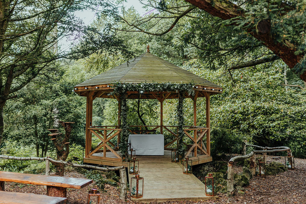 Gazebo Outdoor Ceremony Foliage Greenery Hazlewood Castle Woodland Wedding Nicola Mackrill Photography