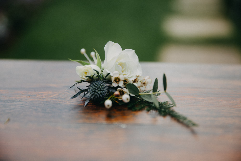 Rose Wax Flower Thistle Buttonhole Horsebridge Station Wedding Emily Grace Photography