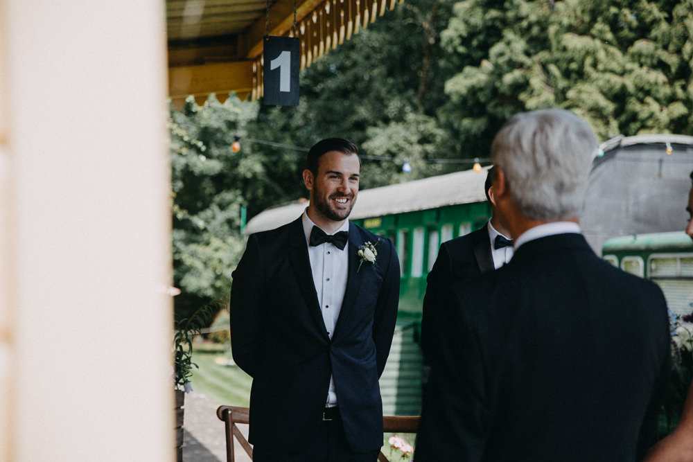 Groom Suit Dark Blue Tux Bow Tie Horsebridge Station Wedding Emily Grace Photography