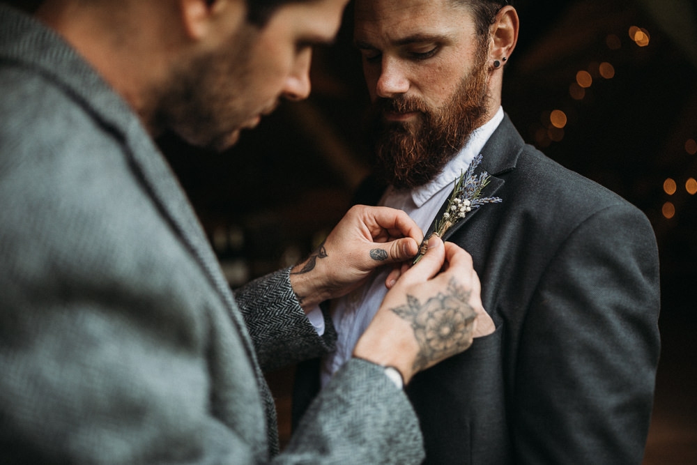 Groom Groomsmen Suit Collar Grey Buttonhole Flowers Horsley Hale Farm Wedding Thyme Lane Photography