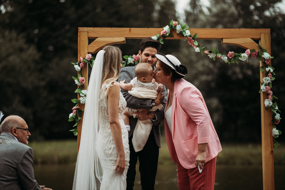 Outdoor Ceremony Wooden Frame Arch Backdrop Flowers Horsley Hale Farm Wedding Thyme Lane Photography