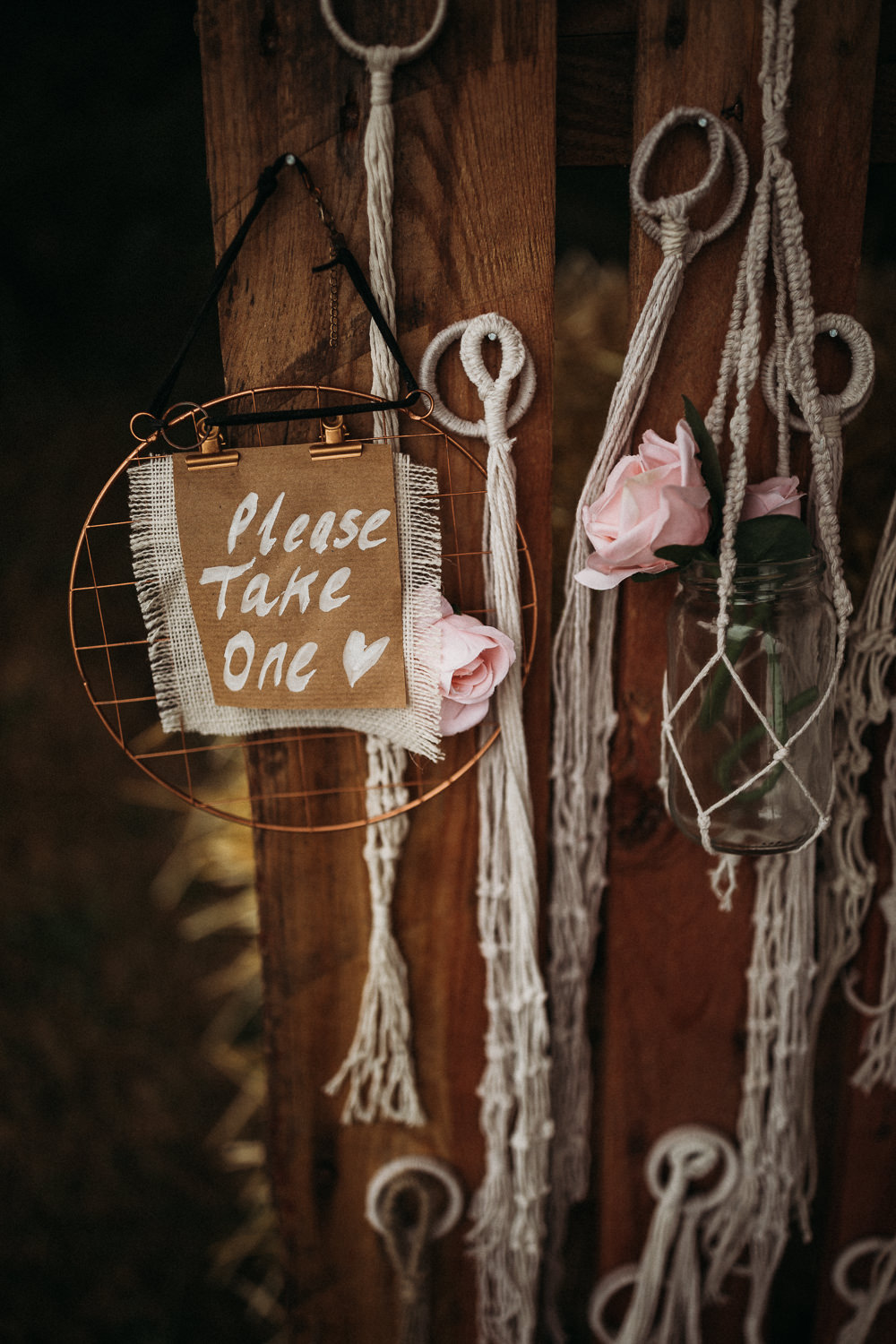 Favors Favours Wooden Pallet Macrame Jar Flowers Horsley Hale Farm Wedding Thyme Lane Photography