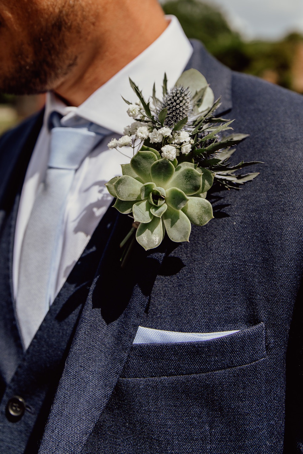 Buttonhole Flowers Groom Succulent Thistle Mannington Gardens Wedding Cara Zagni Photography