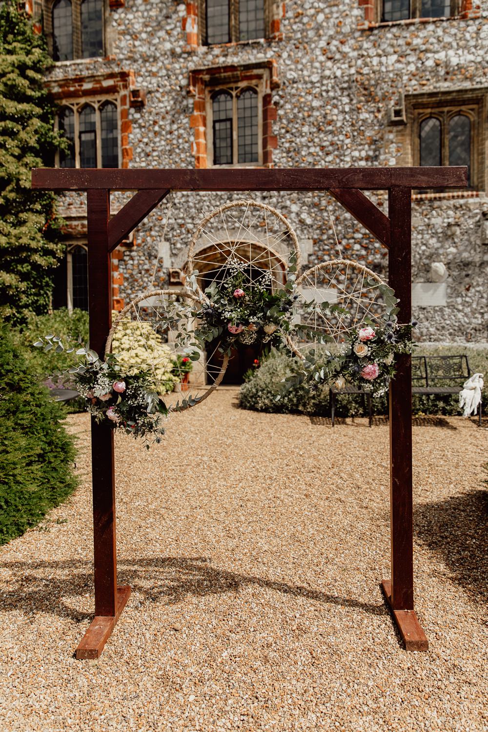 Ceremony Backdrop Wooden Frame Hoops Dream Catchers Flowers Aisle Mannington Gardens Wedding Cara Zagni Photography