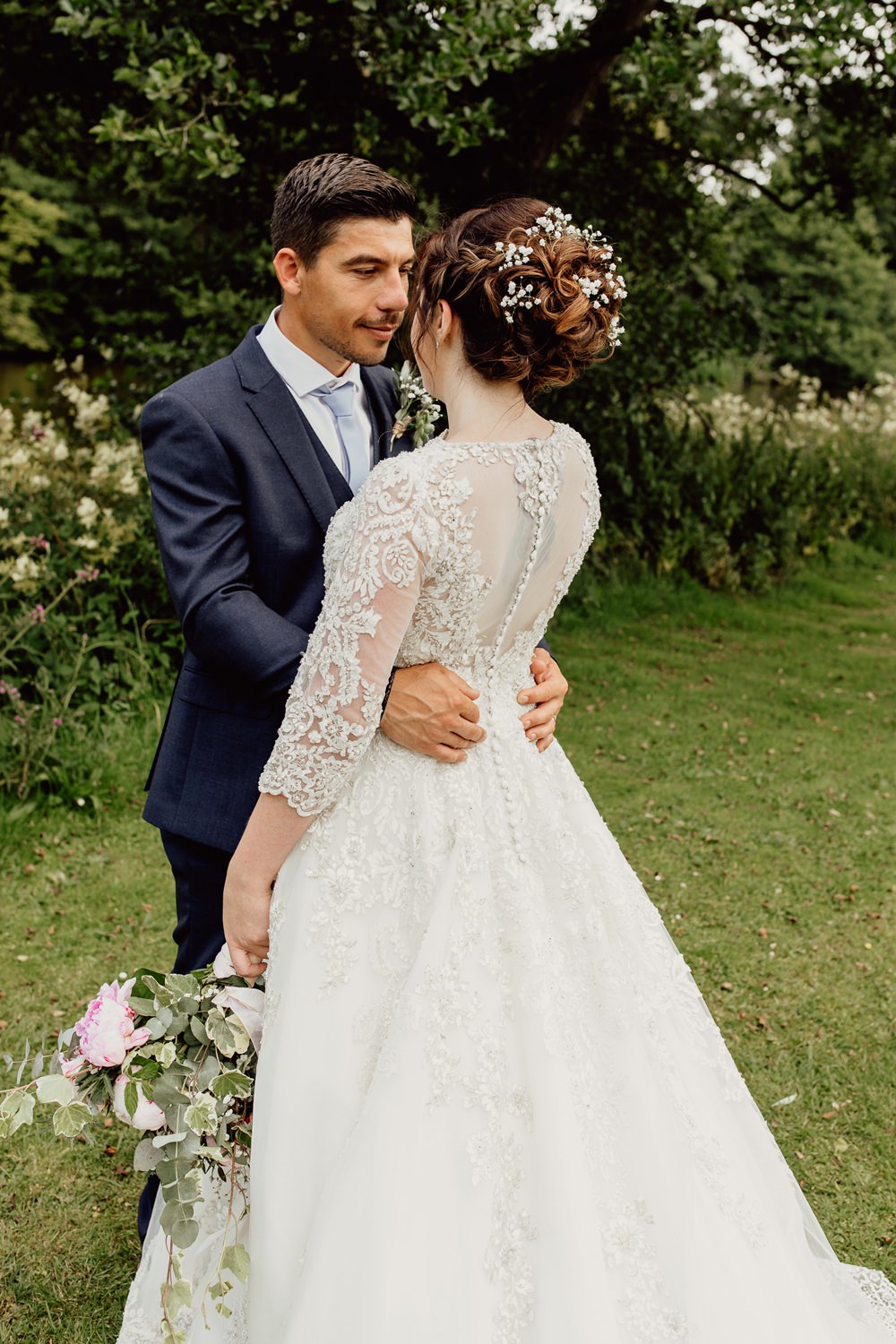 Bride Bridal Dress Gown Lace Button Back Train Long Sleeves Mannington Gardens Wedding Cara Zagni Photography