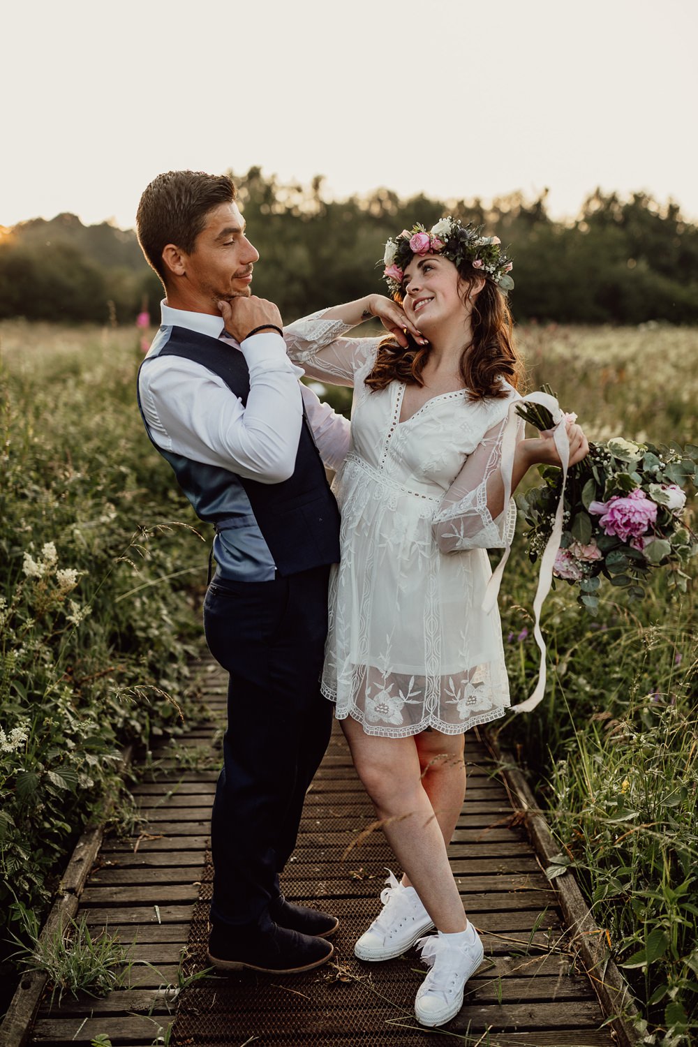 Bride Bridal Dress Gown Short Lace Long Sleeves Flower Crown Mannington Gardens Wedding Cara Zagni Photography