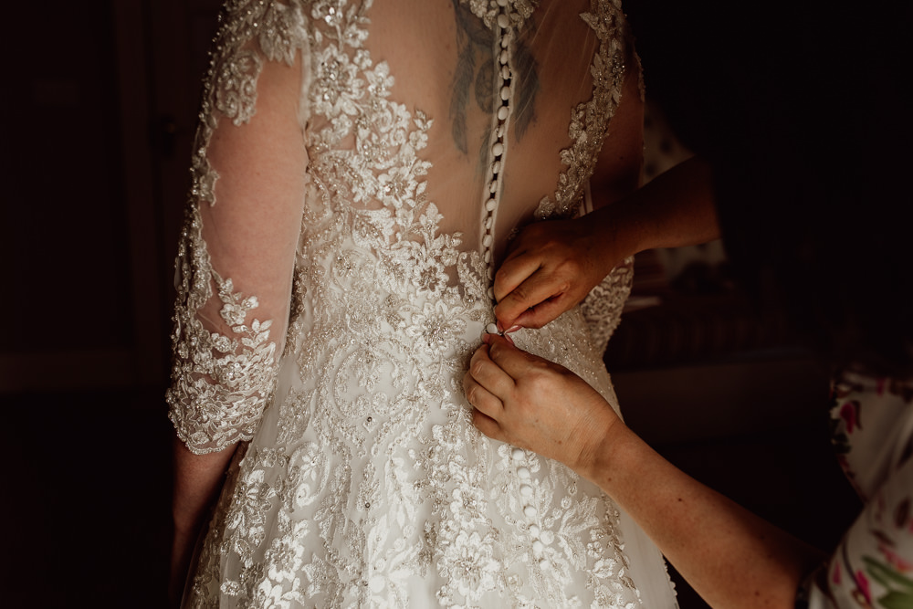 Bride Bridal Dress Gown Lace Button Back Train Long Sleeves Mannington Gardens Wedding Cara Zagni Photography