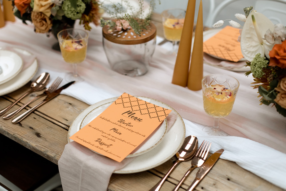 Tablescape Table Decor Decoration Autumn Fall Orange Mustard Table Cloth Runner Flowers Candles Menu Place Setting Moroccan Wedding Ideas Emma Louise Photography