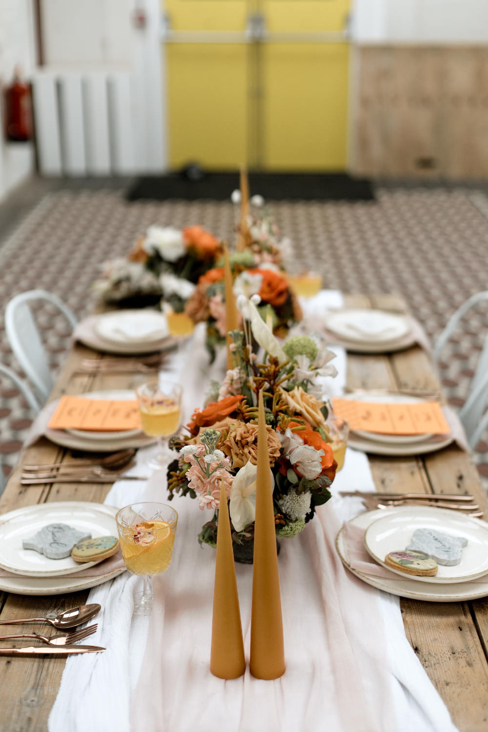 Tablescape Table Decor Decoration Autumn Fall Orange Mustard Table Cloth Runner Flowers Candles Moroccan Wedding Ideas Emma Louise Photography