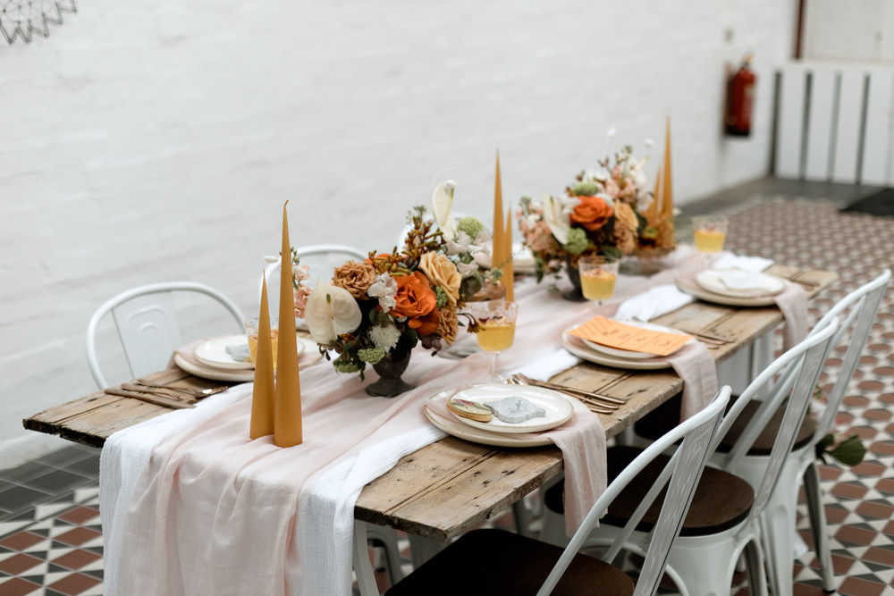 Tablescape Table Decor Decoration Autumn Fall Orange Mustard Table Cloth Runner Flowers Candles Moroccan Wedding Ideas Emma Louise Photography
